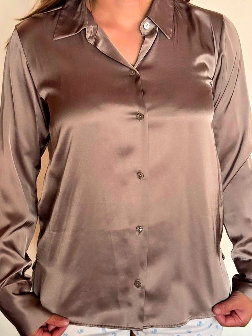 Abercrombie & Fitch Satin Button Down Shirt in Brown Like New